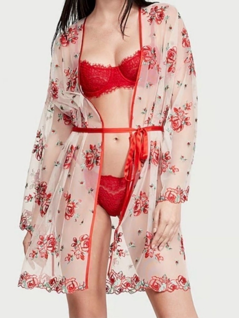 NWT Victoria’s Secret Floral Embroidered Sheer Mesh Kimono Robe XL/XXL Red Rose
